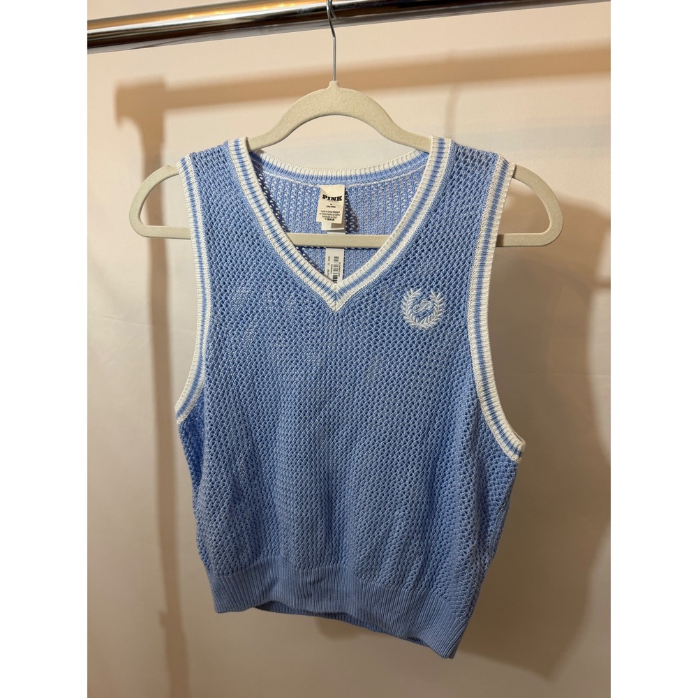 Victoria's Secret PINK Blue Open Knit V-Neck Sweater Vest Crest Logo NWT Medium - Picture 3 of 13